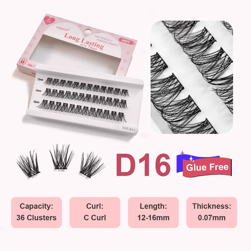 Glue Free Self Adhesive Lash Clusters, No Glue Needed Pre-Banded Cluster Lashes C Curl 12-16mm